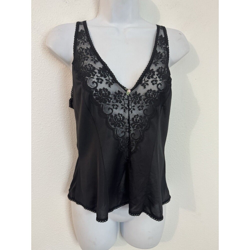 Vintage Fantasia Slip Tank Womens 36 Black Lace Grunge Cami Strap USA 80s Crop